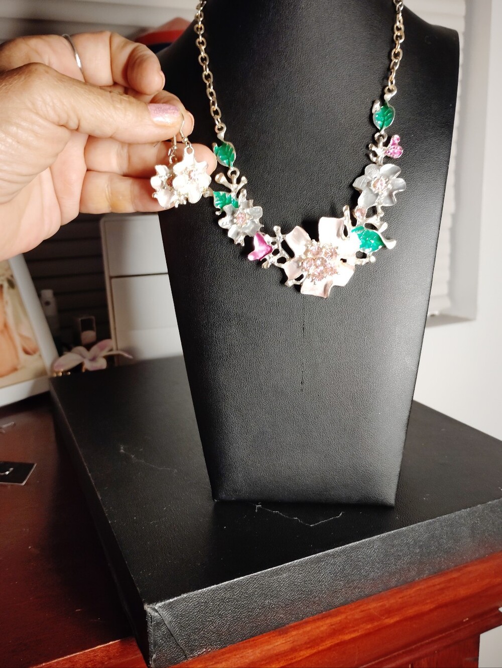 Pink Green Enamel Floral Rhinestone Necklace Earrings Set Silver Tone